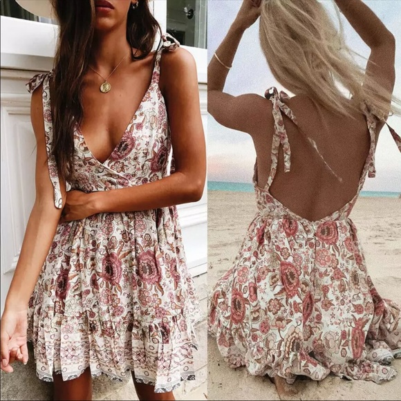 Dresses & Skirts - Summer Backless Printed Dress Beach Short Sundress